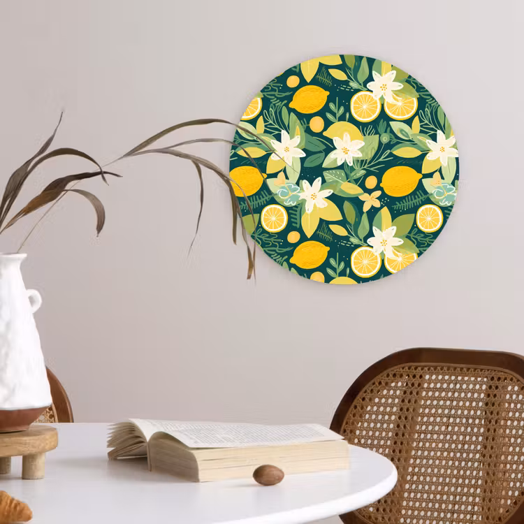 Groen - Bloemen - Citroenpartjes Wandcirkel plexiglas klein 852 -sfeer4