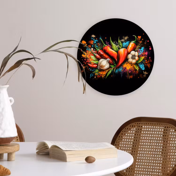 Groente - Peper - Knoflook - Graffiti - Verf - Kleurrijk Wandcirkel plexiglas klein -sfeer4