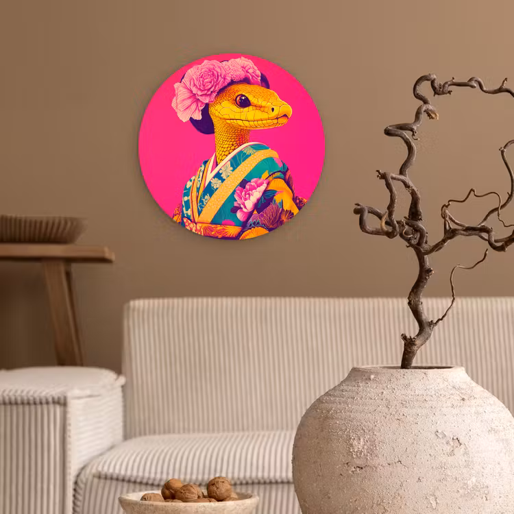 Hagedis - Bloemen - Roze - Kimono Wandcirkel plexiglas klein -sfeer1