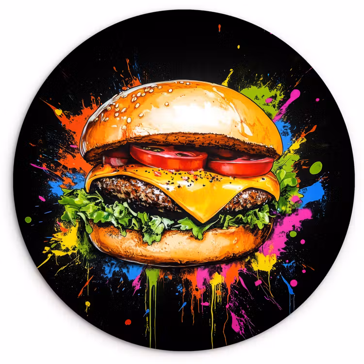 Hamburger - Graffiti - Verf - Kleurrijk - Eten - Abstract Wandcirkel plexiglas klein -3d