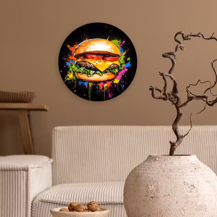Hamburger - Graffiti - Verf - Kleurrijk - Eten - Abstract Wandcirkel plexiglas klein -sfeer1