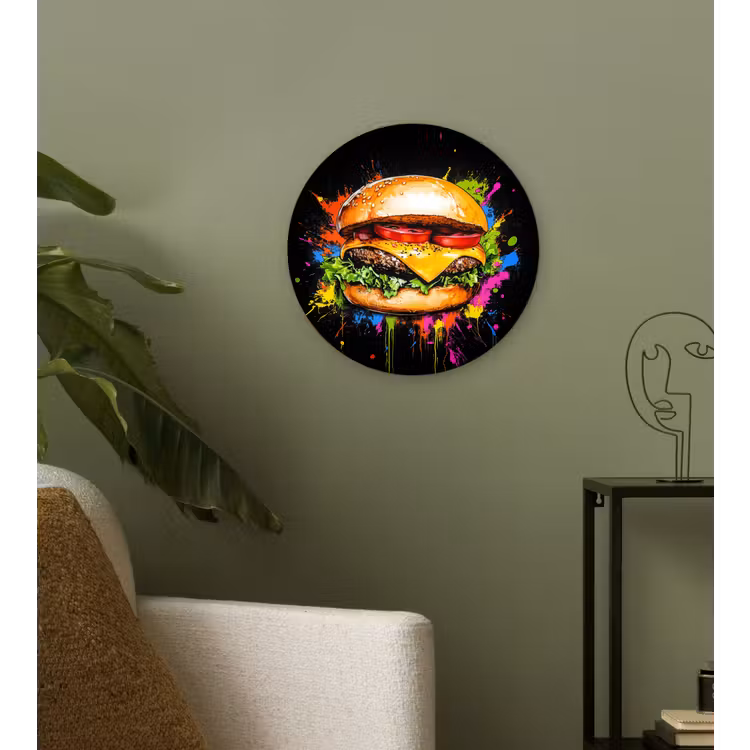Hamburger - Graffiti - Verf - Kleurrijk - Eten - Abstract Wandcirkel plexiglas klein -sfeer3