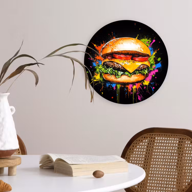 Hamburger - Graffiti - Verf - Kleurrijk - Eten - Abstract Wandcirkel plexiglas klein -sfeer4