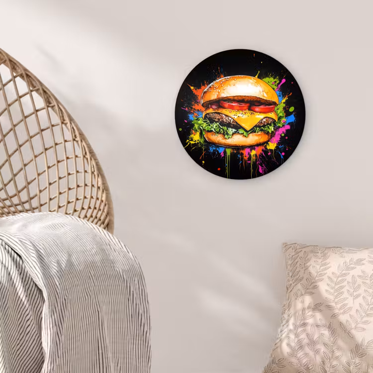 Hamburger - Graffiti - Verf - Kleurrijk - Eten - Abstract Wandcirkel plexiglas klein -sfeer5