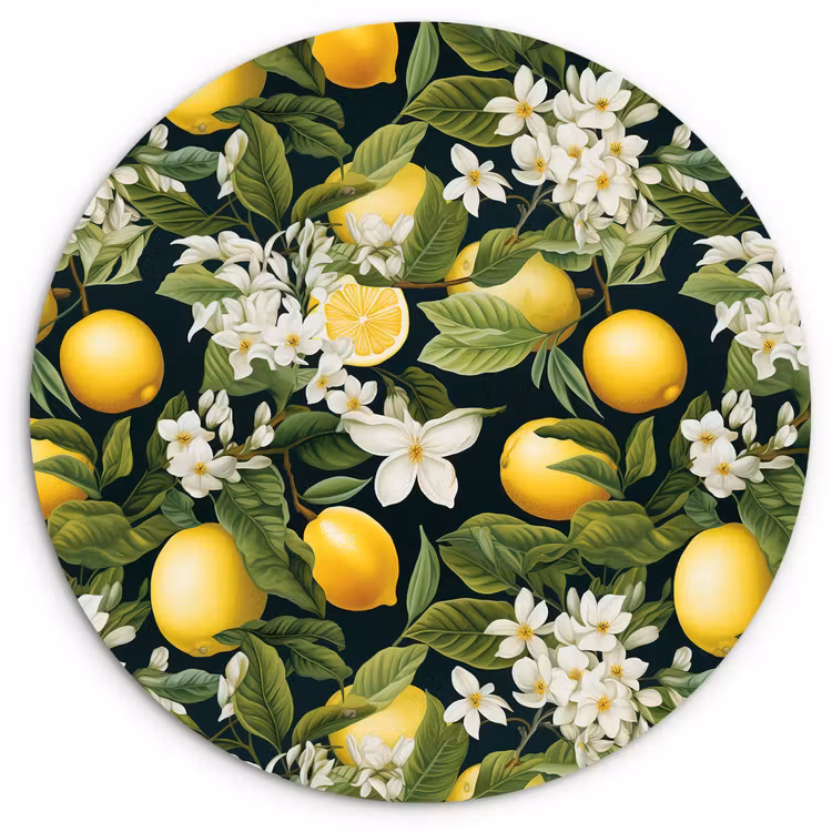 Hangende - Citroenen - Witte - Bloemetjes Wandcirkel plexiglas klein 852 -3d