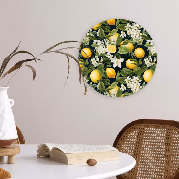 Hangende - Citroenen - Witte - Bloemetjes Wandcirkel plexiglas klein 852 -sfeer4