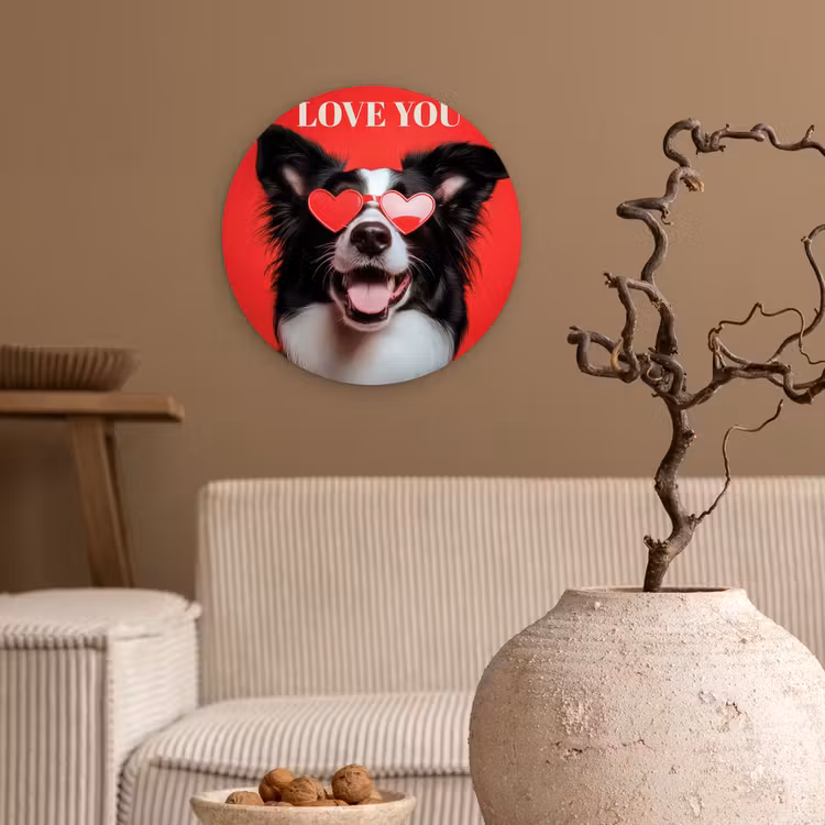 Hond - Hartjesbril - Loveyou - Rood Wandcirkel plexiglas klein -sfeer1