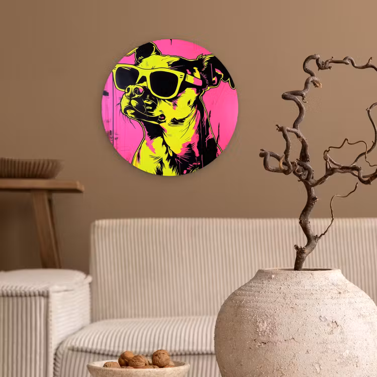 Hond - Zonnebril - Roze - Art Wandcirkel plexiglas klein -sfeer1