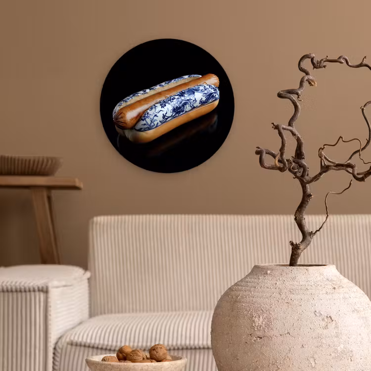 Hotdog - Porselein - Delfts blauw - Eten Wandcirkel plexiglas klein -sfeer1