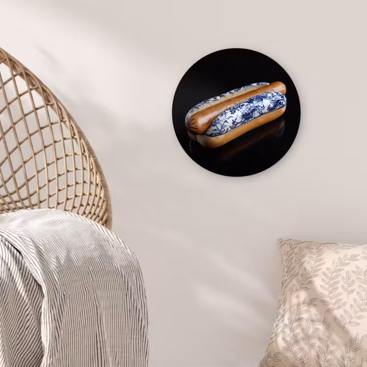 Hotdog - Porselein - Delfts blauw - Eten Wandcirkel plexiglas klein -sfeer5