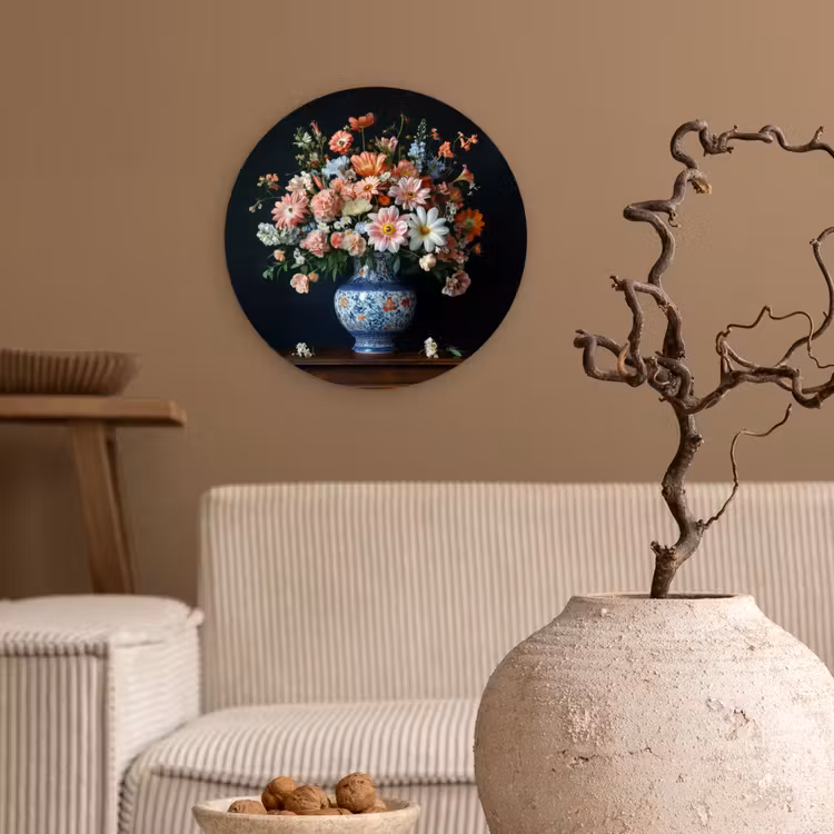 Hout - Vaas - Kleuren - Bloemen Wandcirkel plexiglas klein -sfeer1