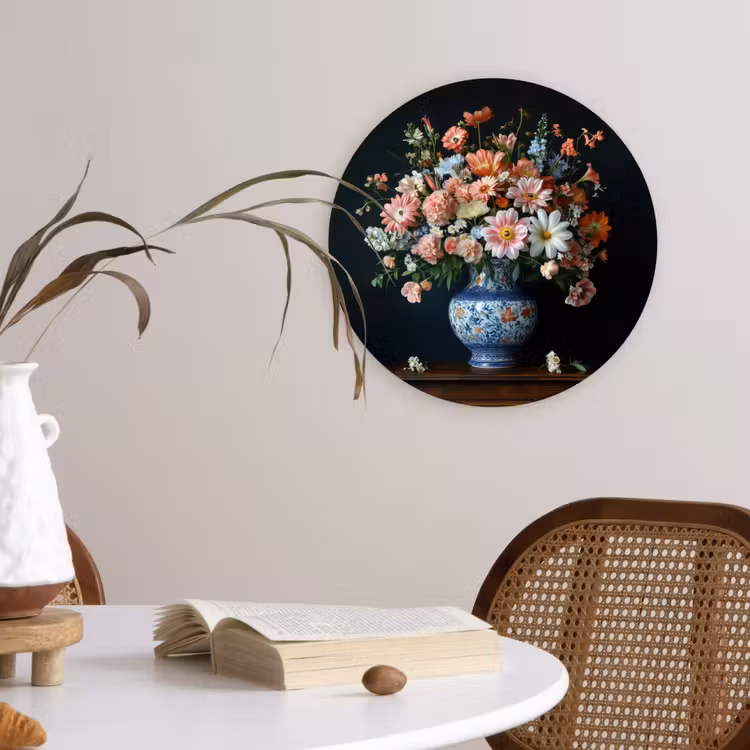 Hout - Vaas - Kleuren - Bloemen Wandcirkel plexiglas klein -sfeer4