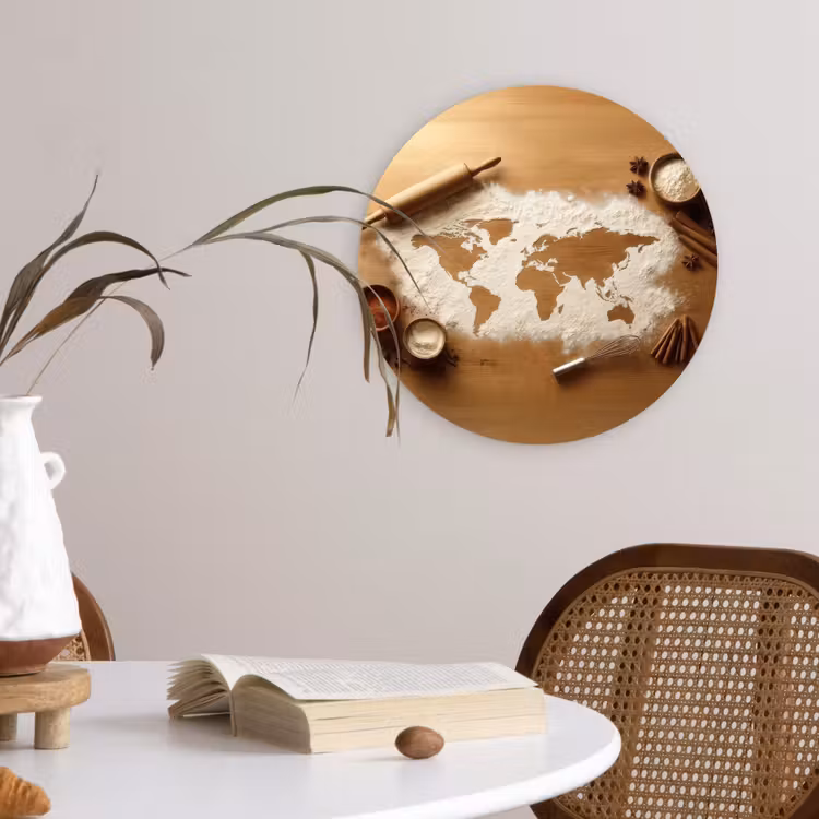 Hout - Wereldkaart - Bakken - Keuken Wandcirkel plexiglas klein -sfeer4