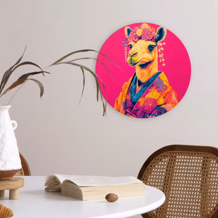 Kameel - Bloemen - Kimono - Waaiers Wandcirkel plexiglas klein -sfeer4