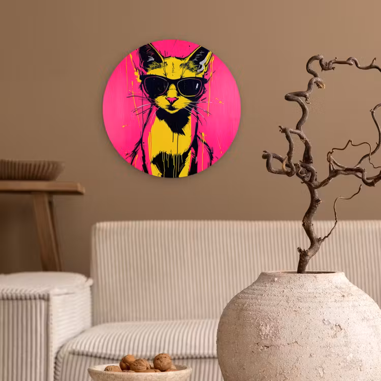 Kat - Art - Zonnebril - Roze Wandcirkel plexiglas klein -sfeer1