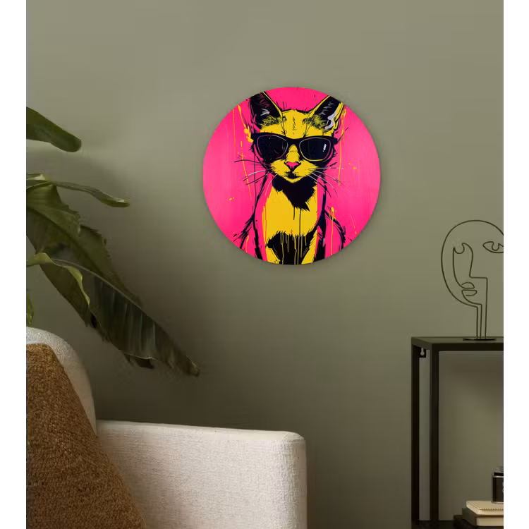 Kat - Art - Zonnebril - Roze Wandcirkel plexiglas klein -sfeer3