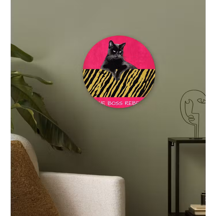 Kat - Baas - Roze - Tijgerprint Wandcirkel plexiglas klein -sfeer3