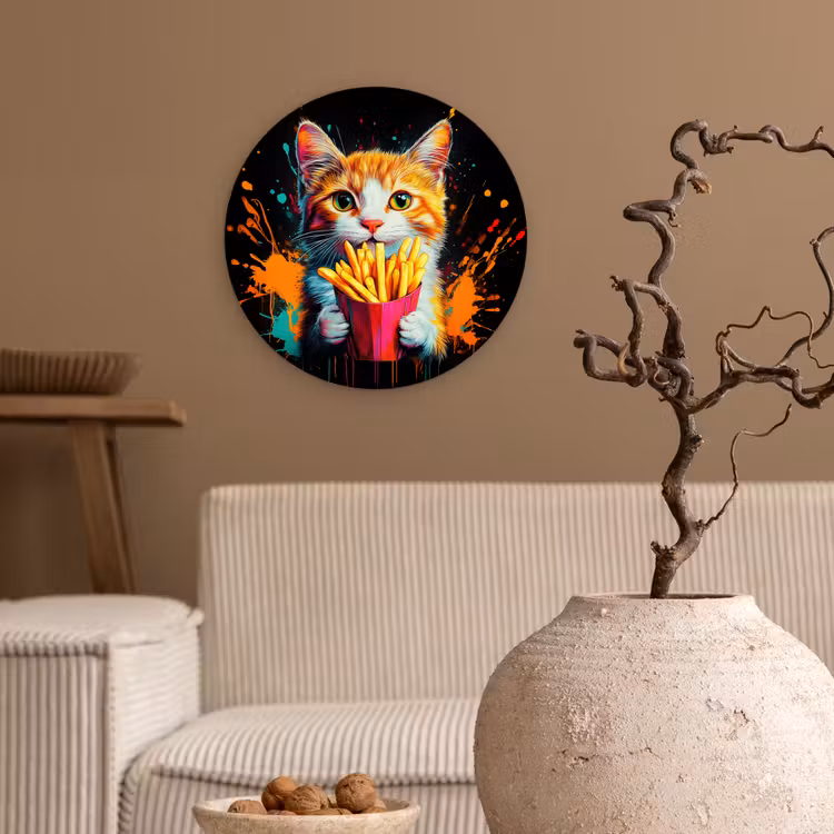 Kat - Eten - Patat - Graffiti - Abstract Wandcirkel plexiglas klein -sfeer1