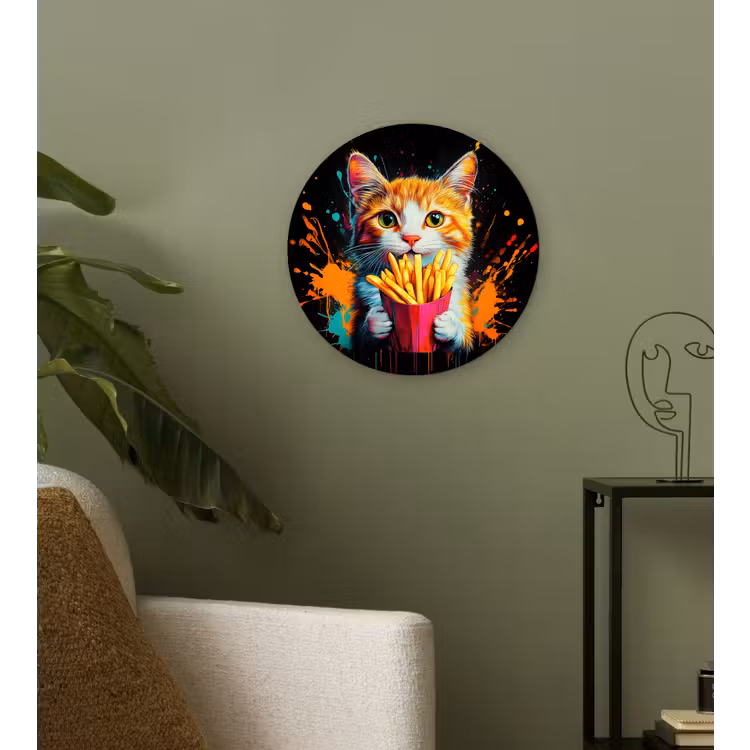 Kat - Eten - Patat - Graffiti - Abstract Wandcirkel plexiglas klein -sfeer3