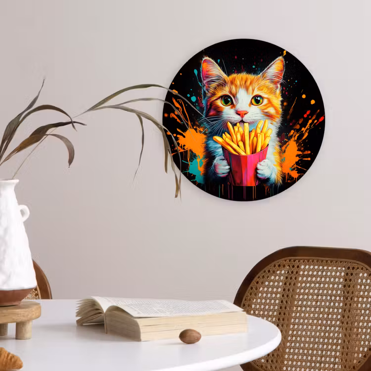 Kat - Eten - Patat - Graffiti - Abstract Wandcirkel plexiglas klein -sfeer4