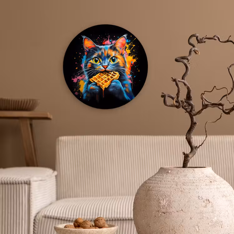 Kat - Graffiti - Kleurrijk - Wafel - Eten Wandcirkel plexiglas klein -sfeer1