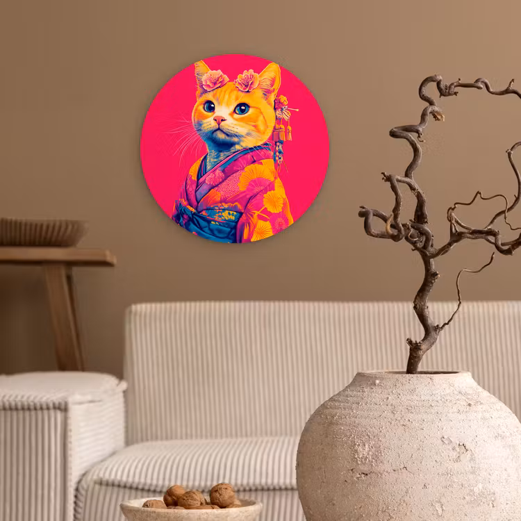 Kat - Kimono - Bloemen - Roze Wandcirkel plexiglas klein -sfeer1