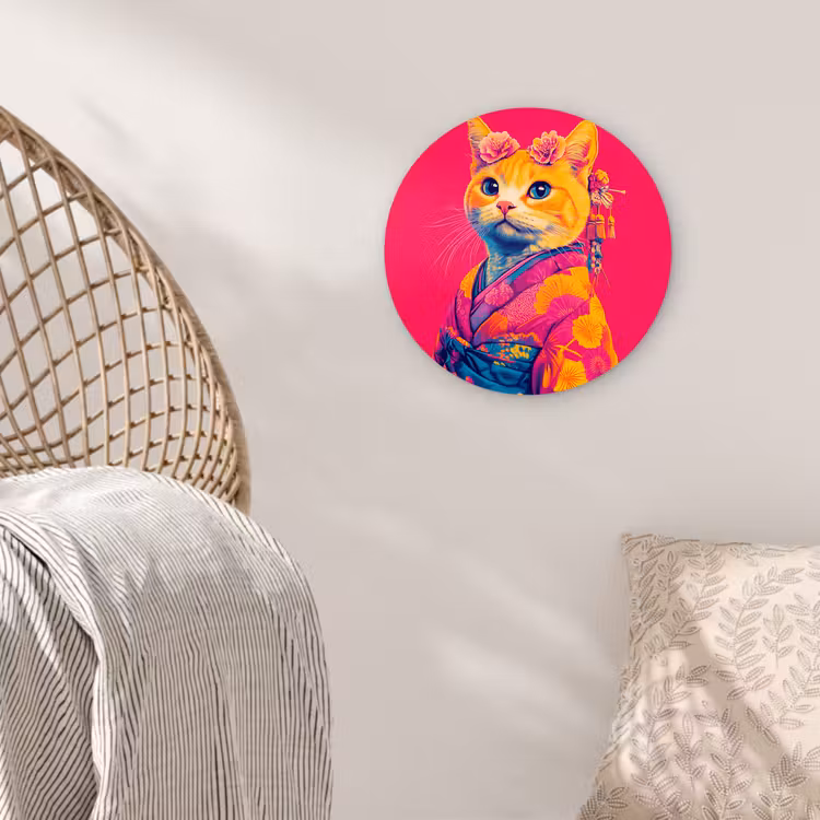 Kat - Kimono - Bloemen - Roze Wandcirkel plexiglas klein -sfeer5