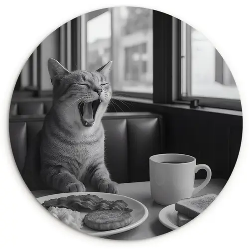 Kat - Koffie - Brood - Zwart Wandcirkel plexiglas klein -3d