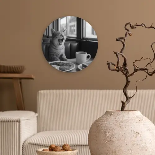 Kat - Koffie - Brood - Zwart Wandcirkel plexiglas klein -sfeer1