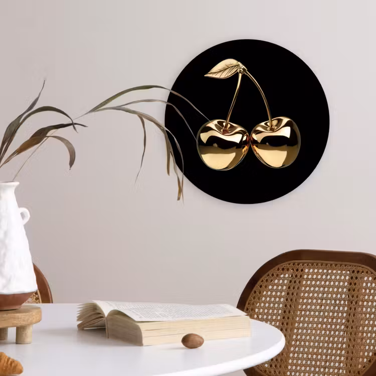 Kersen - Zwart - Goud - Chrome Wandcirkel plexiglas klein -sfeer4