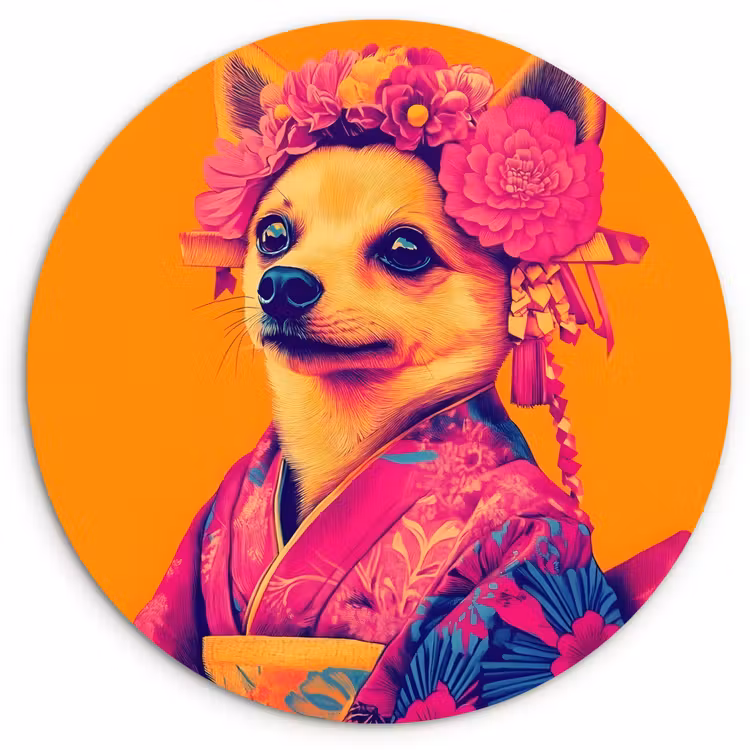 Kimono - Hondje - Bloemenkroon - Oranje Wandcirkel plexiglas klein -3d