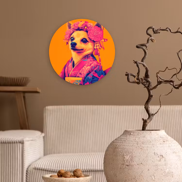 Kimono - Hondje - Bloemenkroon - Oranje Wandcirkel plexiglas klein -sfeer1