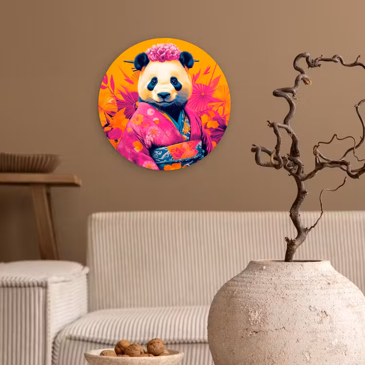 Kimono - Roze - Panda - Bloemenkroon Wandcirkel plexiglas klein -sfeer1