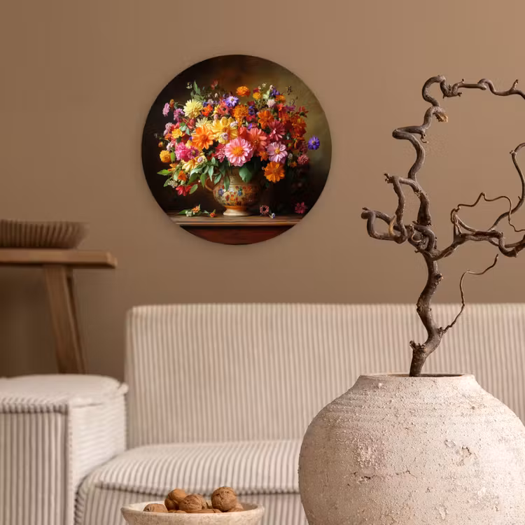 Kleuren - Boeket - Vaas - Hout Wandcirkel plexiglas klein -sfeer1