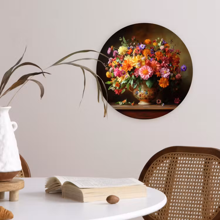 Kleuren - Boeket - Vaas - Hout Wandcirkel plexiglas klein -sfeer4