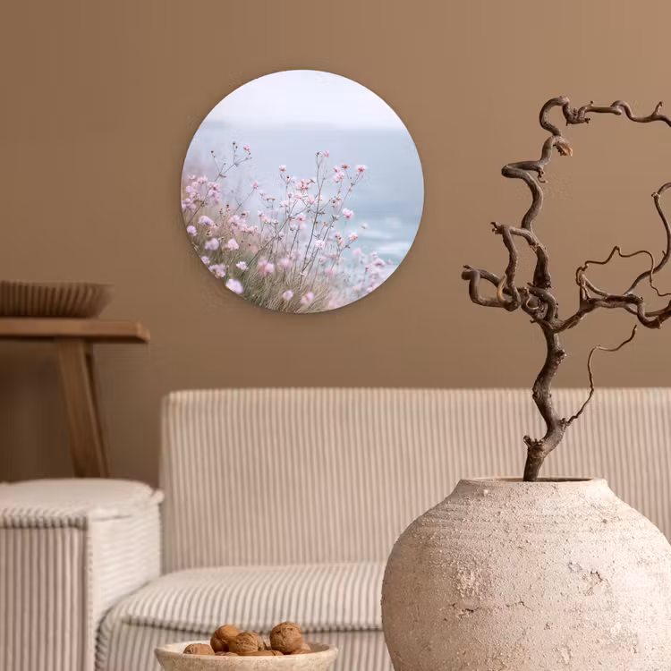 Klif - Bloemen - Zee - Roze Wandcirkel plexiglas klein -sfeer1
