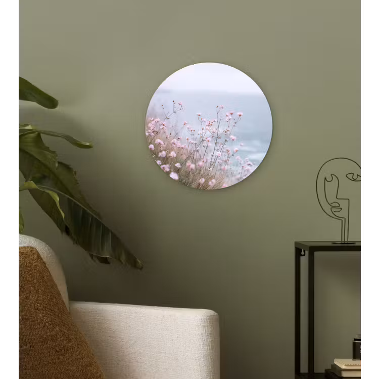Klif - Bloemen - Zee - Roze Wandcirkel plexiglas klein -sfeer3