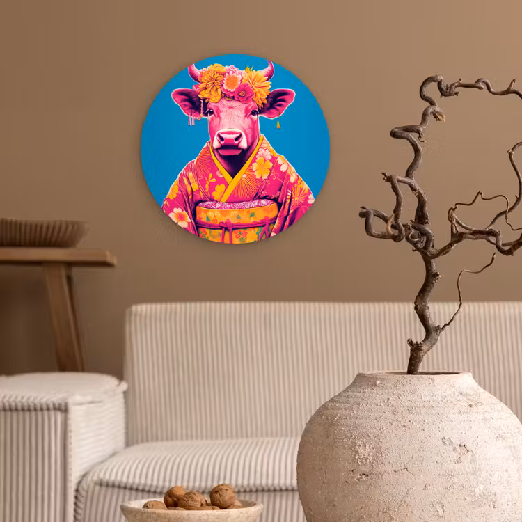 Koe - Bloemenkrans - Oorhangers - Kimono Wandcirkel plexiglas klein -sfeer1