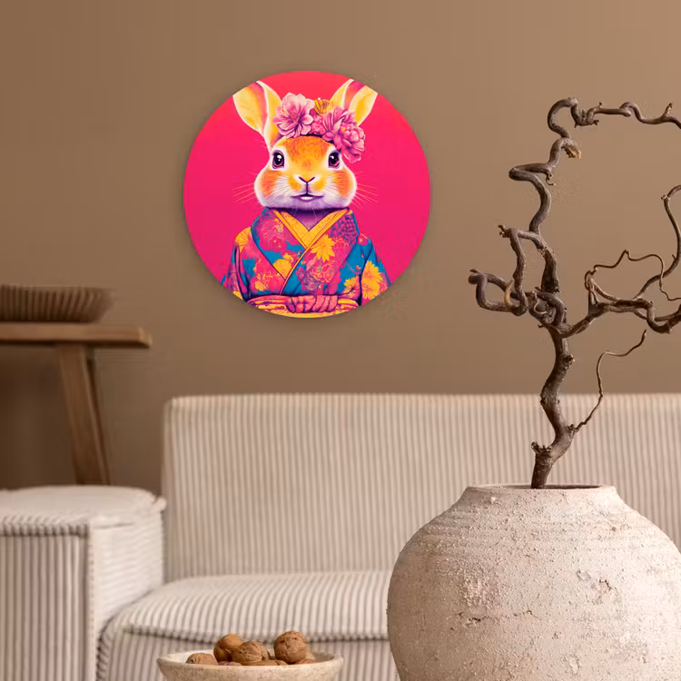 Konijn - Bloemen - Kleurrijk - Kimono Wandcirkel plexiglas klein -sfeer1