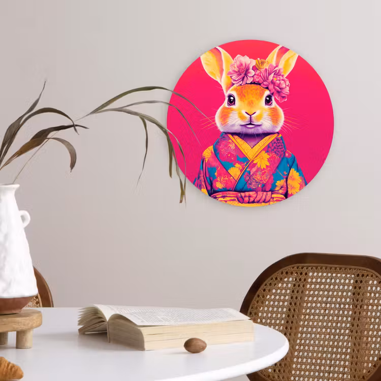 Konijn - Bloemen - Kleurrijk - Kimono Wandcirkel plexiglas klein -sfeer4
