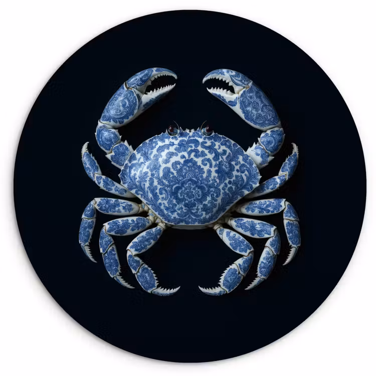 Krab - Delfts blauw - Dieren Wandcirkel plexiglas klein -3d