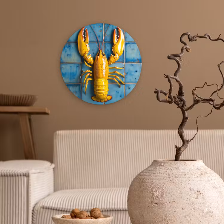 Kreeft - Geel - Blauw - Tegels Wandcirkel plexiglas klein -sfeer1