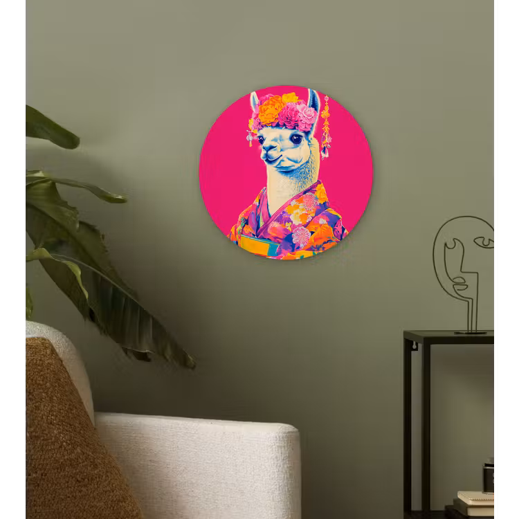 Lama - Kimono - Bloemenkrans - Felroze Wandcirkel plexiglas klein -sfeer3