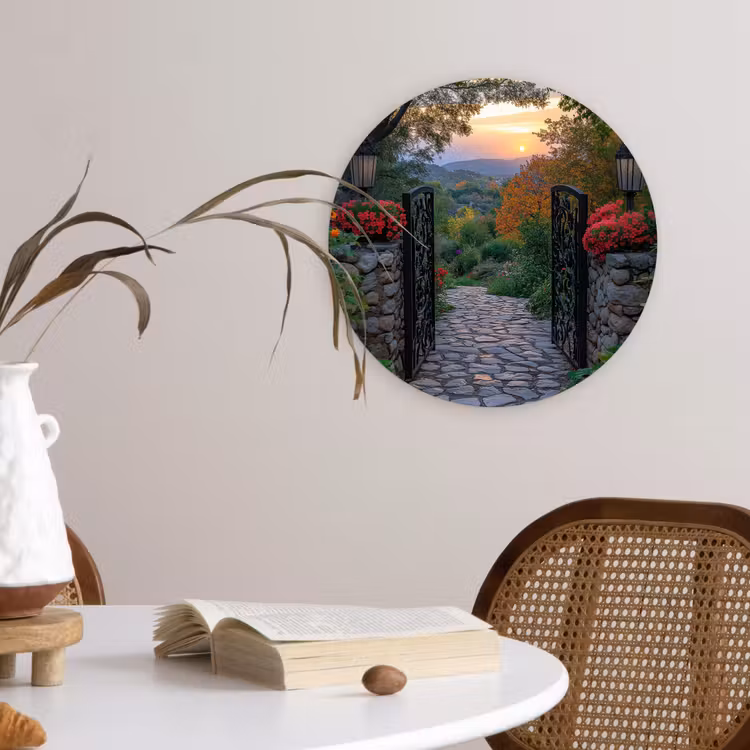 Landschap - Hek - Pad - Zonsondergang - Natuur Wandcirkel plexiglas klein -sfeer4