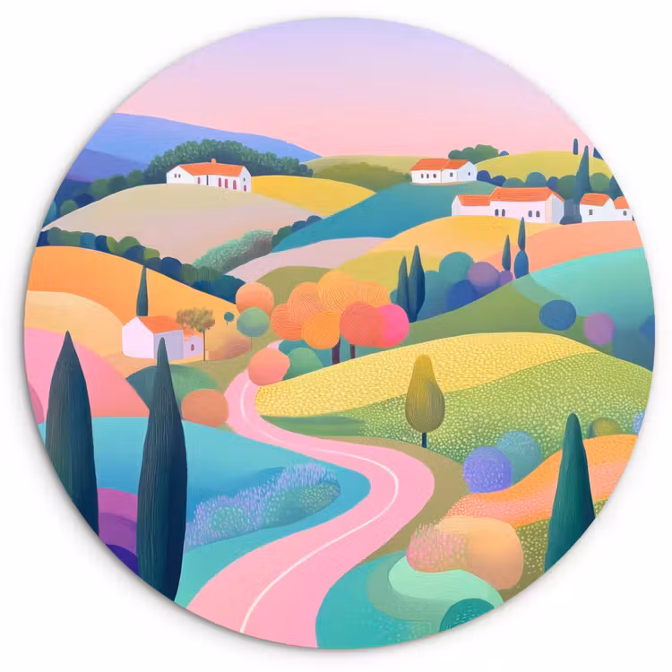 Landschap - Paars - Pastel - Huizen Wandcirkel plexiglas klein -3d