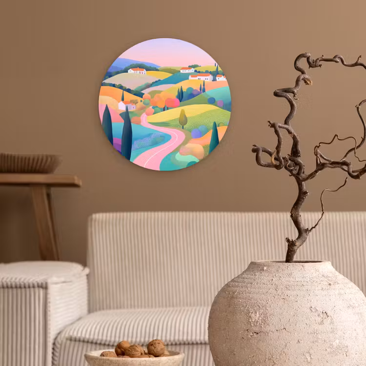 Landschap - Paars - Pastel - Huizen Wandcirkel plexiglas klein -sfeer1