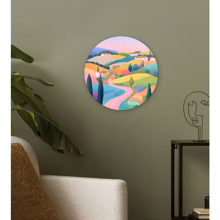 Landschap - Paars - Pastel - Huizen Wandcirkel plexiglas klein -sfeer3