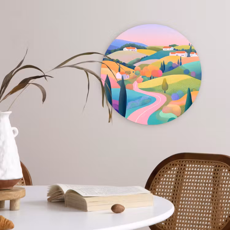 Landschap - Paars - Pastel - Huizen Wandcirkel plexiglas klein -sfeer4