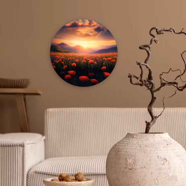 Landschap - Zonsondergang - Bloemenveld Wandcirkel plexiglas klein -sfeer1