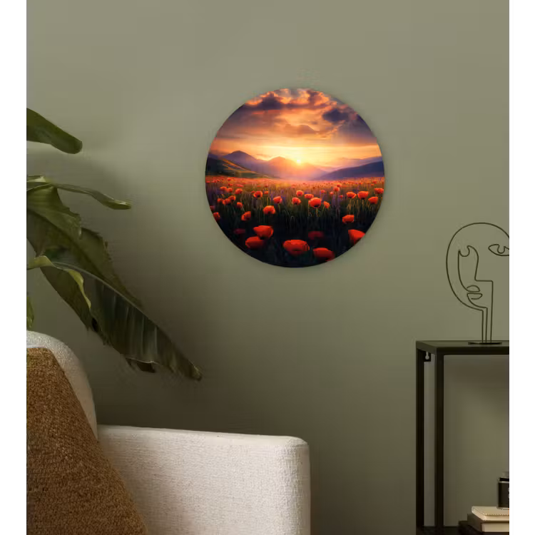 Landschap - Zonsondergang - Bloemenveld Wandcirkel plexiglas klein -sfeer3